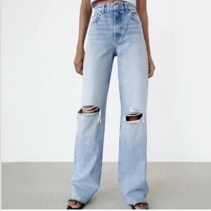 High-Rise wide leg Light Blue Distressed jeans- Zara viral
